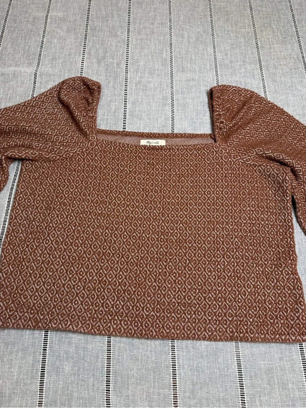 Madewell Jacquard Puff-Sleeve Crop Top in Dark Merlot sz Medium Knit Square-Neck - Picture 11 of 12